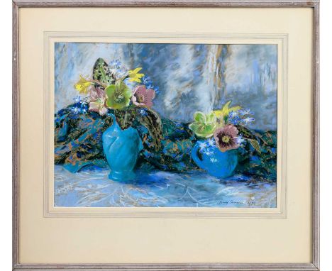 * MARY NICOL NEILL ARMOUR LLD RSA RSW RGI (SCOTTISH 1902 - 2000), TWO BLUE DISHES OF FLOWERS pastel on paper, signed and date
