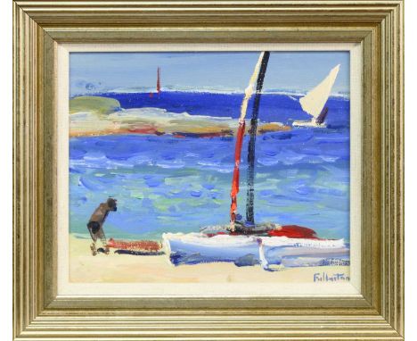 * JAMES FULLARTON (SCOTTISH b. 1946), BOY ON BEACH oil on board, signedframed and under glassimage size 19cm x 23cm, overall 