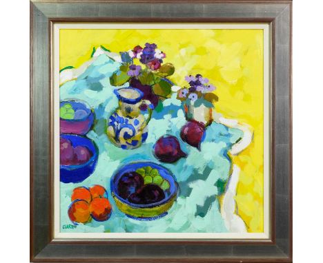 * LINDA CLARK PAI, STILL LIFE WITH PURPLE CLOTH oil on canvas, signedframed and under glassimage size 61cm x 61cm, overall si