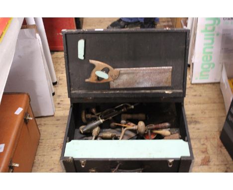 A vintage carpenters tool box and contents of tools 