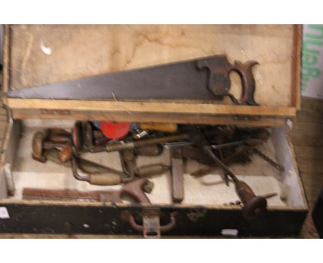 A vintage carpenters wooden tool box and contents of tools 
