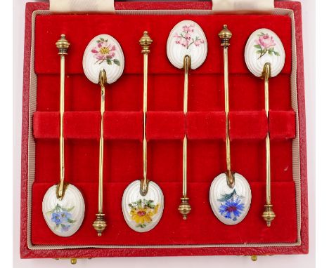 Set of six enamel and silver-gilt coffee spoons by Adie Brothers Ltd Birmingham 1956 cased   Condition Report   Click here fo