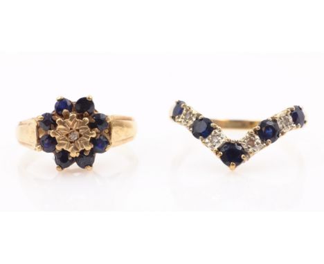 Sapphire and diamond gold wishbone ring and sapphire and diamond gold cluster ring both hallmarked 9ct   Condition Report  Wi