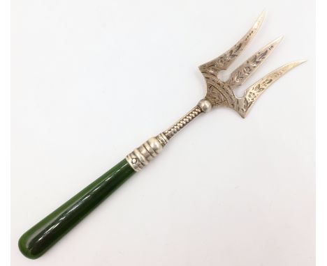Edwardian bread fork with jade handle by George Edwin Walton Birmingham 1905   Condition Report   Click here for further imag