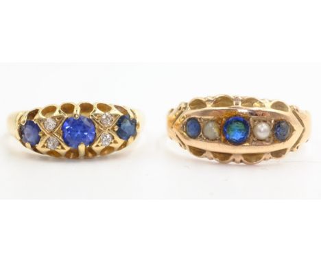 Edwardian 18ct gold sapphire and diamond seven stone ring Birmingham 1909 and 9ct rose gold stone set ring    Condition Repor