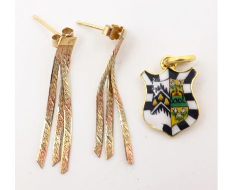 Gold and enamel Gonville & Caius College Cambridge travel charm stamped 18ct and pair 9ct gold ear-rings tested   Condition R