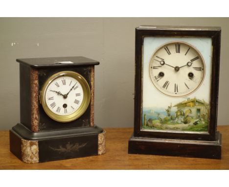 Late 19th century walnut cased banjo barometer, an American mantle clock with painted glazed door and a Victorian black slate