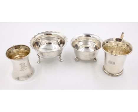 Edwardian silver sugar basin by Mappin and Webb London 1902, a similar basin 1901, two early 20th century silver mugs approx 