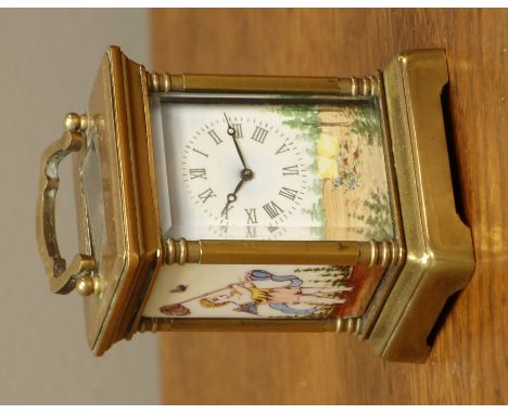 20th century miniature brass carriage clock with painted enamel dial and side panels, H8cm   Condition Report   Click here fo