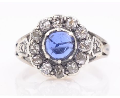 White gold sapphire and old cut diamond ring stamped 18ct Condition Report Approx 4.3gm size L-M