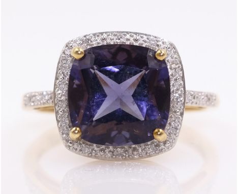 Princess cut amethyst and diamond gold ring hallmarked 9ct   Condition Report  Approx 4gm size S Click here for further image