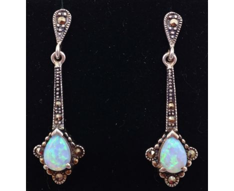 Pair of opal and marcasite silver pendant ear-rings stamped 925   Condition Report   Click here for further images, condition