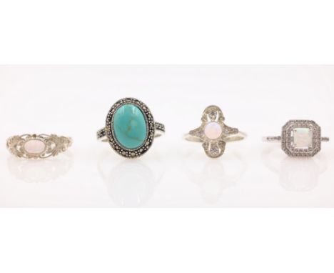 Turquoise and marcasite silver ring and three opal and stone set rings stamped   Condition Report   Click here for further im