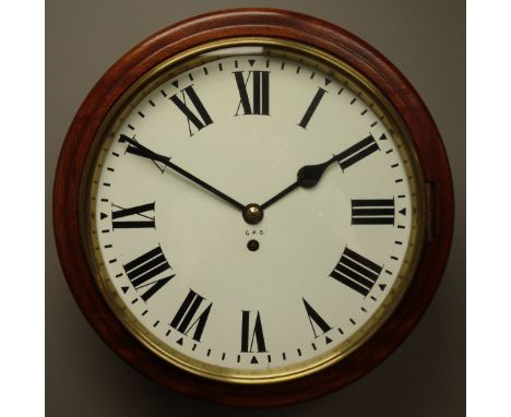 Late 20th century circular mahogany cased wall clock, enamel dial with Roman numerals, signed 'GPO', D38cm   Condition Report