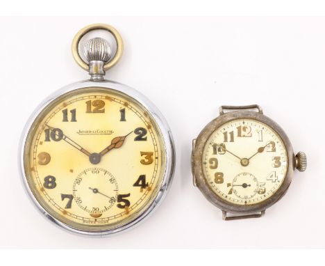 Jaeger-Le Coultre chrome military pocket watch arrow mark GSTP 281416 and a  WWI officer's silver trench watch import marks  