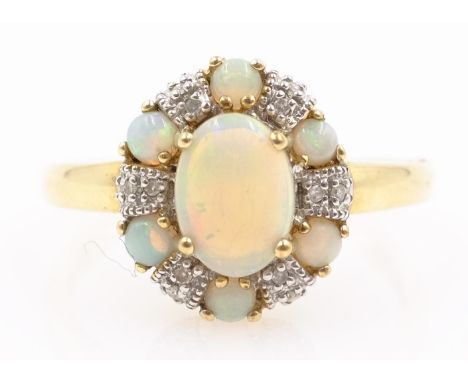 Opal and diamond cluster ring hallmarked 9ct    Condition Report  Approx 3gm size S Click here for further images, condition,