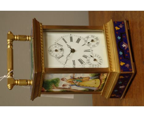 20th century brass and cloisonne carriage clock, white enamel dial with subsidiary seconds, date and day dials, painted ename