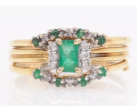 Three emerald and diamond stacking rings hallmarked 9ct   Condition Report  One has a broken shank approx 3.6gm size sits bet