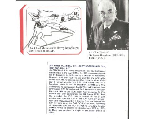 ACM Sir Harry Broadhurst DSO DFC AFC signed 3 x 3 picture of his WW2 Tempest plane, clipped from larger DM Medal cover with b