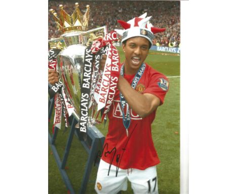 Football Nani 10x8 signed colour photo pictured with the Premier league trophy while playing for Manchester United. Good Cond