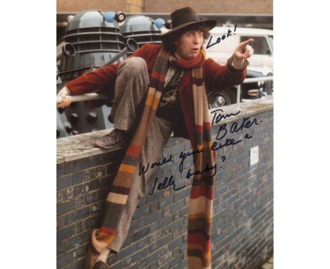 DOCTOR WHO 8x10 scene photo signed by actor Tom Baker as the Time Lord himself. Good Condition. All autographed items are gen