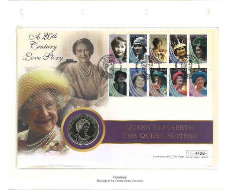 £5 Silver 1999 Queen Mother Proof Coin set in Guernsey Queen Mother 99th Birthday coin FDC PNC. Good Condition. All autograph