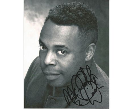 Michael Winslow signed 10x8 b/w portrait head-shot photo. American actor, beatboxer and comedian billed as the "Man of 10, 00