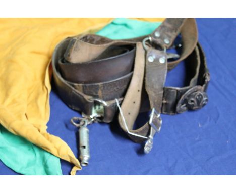 Three leather belts including a vintage Boy Scout belt with a Girl Guide example