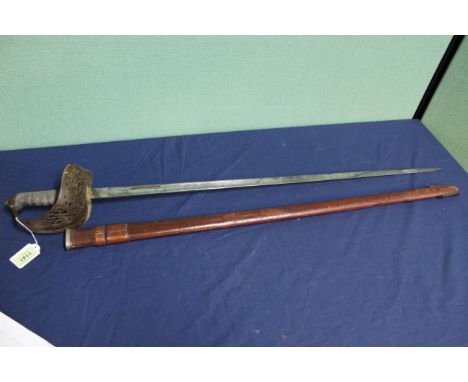 A British model 1895/1897 Infantry Officers sword with leather covered scabbard, this example with GRV hilt