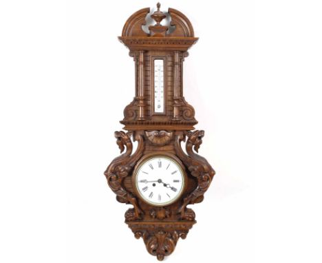 Historismus Wanduhr mit Thermometer um 1880 Nußbaum reich mit Akanthusblattwerk, Drachen, Palmette und Historismus Ornamentik