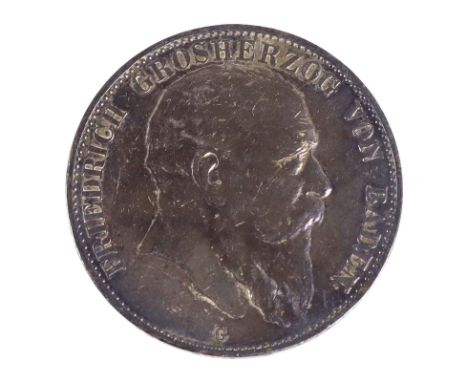 5 Mark Friedrich Grosherzog von Baden 1907 G Silbermünze Fünf Mark Deutsches Reich 1907, so um gekrönten Reichsadler mit Brus