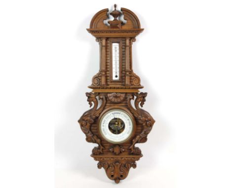 Historismus Thermo- / Barometer um 1880 Nußbaum reich mit Akanthusblattwerk, Drachen, Palmette und Historismus Ornamentik bes