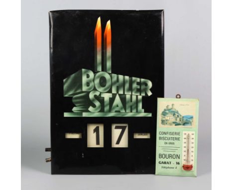 Drehkalender *Böhler Stahl* und Werbe Thermometer hochrechteckig mit großformatigem Schriftzug *Böhler Stahl* auf schwarzem G