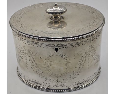 A Victorian silver tea caddy by Robert Harber, vacant cartouche, beadwork edges, hallmarked London, 1866, 545g, H.13cm W.14cm