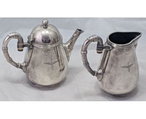 Fratelli Broggi, Milano, an unusual Italian silver plated teapot and water jug, banded handles and spout with further ivory b