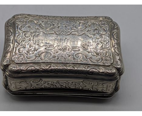 A large Victorian silver snuff box by Edward Smith, etched castle to one side, engraving to the lid, gilt interior, hallmarke