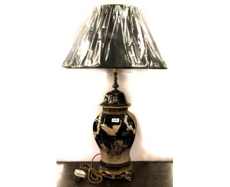 A large ormolu mounted porcelain table lamp and shade, overall H. 91cm.