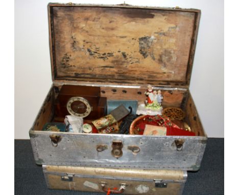 An aluminium and wood vintage trunk and case with contents, 85 x 47 x 30cm.
