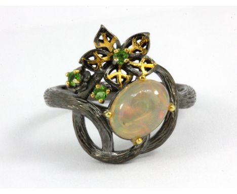 A Hanna Maae designer 925 silver gilt ring set with a cabochon cut opal and chrome diopside, (P.5).