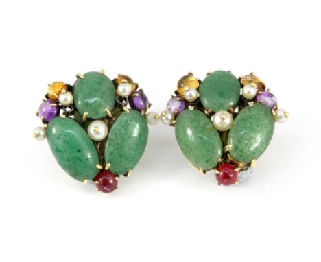 A pair of yellow metal (tested 14ct) earrings set with pearls, amethyst, agate, citrines and rubies, L. 2.6cm.