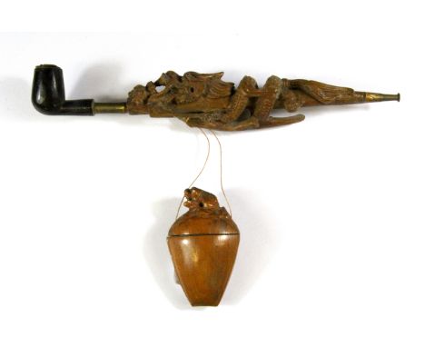 An early 20th century carved wooden opium pipe and bamboo opium box, H. 29cm. Prov. Private Collection.
