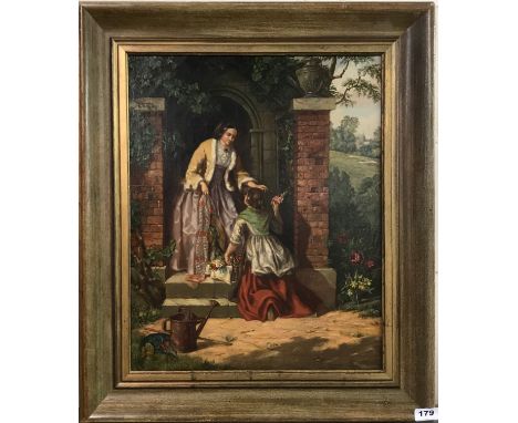 Thomas Faed (Scottish 1826-1900) framed oil on canvas of two young women, feint signature on the second step, notation verso 