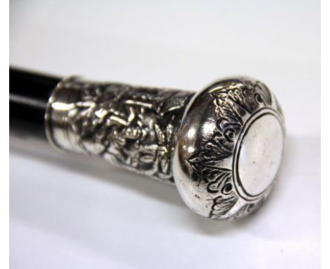 A Chinese hallmarked silver handled export walking stick for Kwan Wo c.1880, L. 91cm.