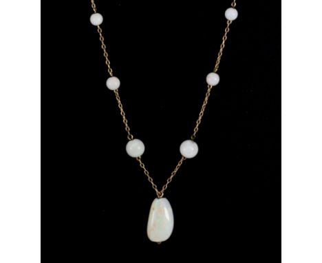 A 9ct rose gold (stamped 9ct) opal set necklace, L. 50cm.