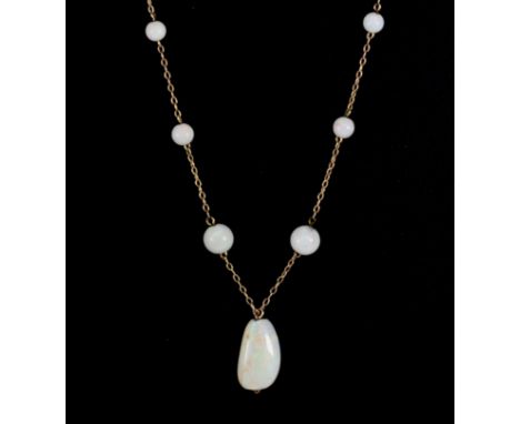 A 9ct rose gold (stamped 9ct) opal set necklace, L. 50cm.