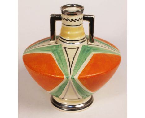 An Art Deco twin handled pottery vase, height 22cm, width 22cm.  Condition: minor niggles to outer edge painted decoration, o