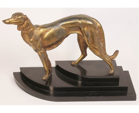 After Irene Rochard, an Art Deco gilt spelter figure depicting a greyhound on stepped black marble base, bearing signature 'R