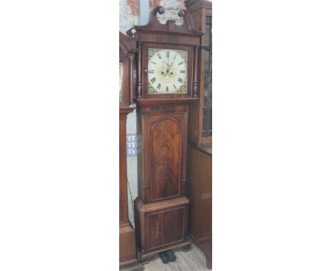 A Georgian mahogany eight day longcase clock having broken swan neck pediment, turned pillars, the painted dial with seconds 