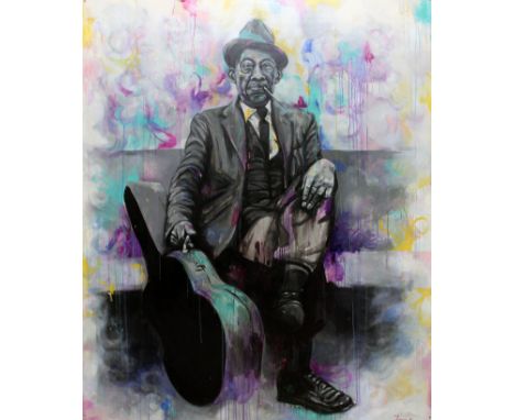 20th/21st century school, large portrait depicting Mississippi John Hurt, acrylic on board, 153cm x 183cm, signed 'Jasmine K'