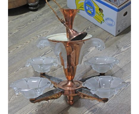 A French Art Deco pressed glass and copper light fitting, diam. approx. 72cm. 